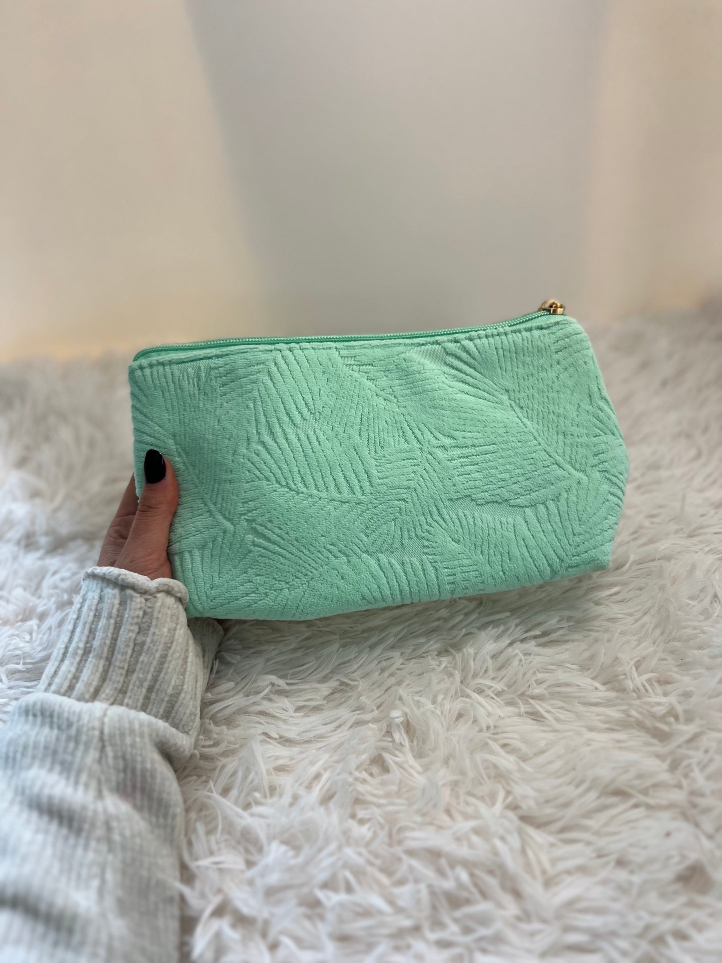 Plush Boho Makeup Bag – Soft Teal Green with Abstract Leaf Pattern