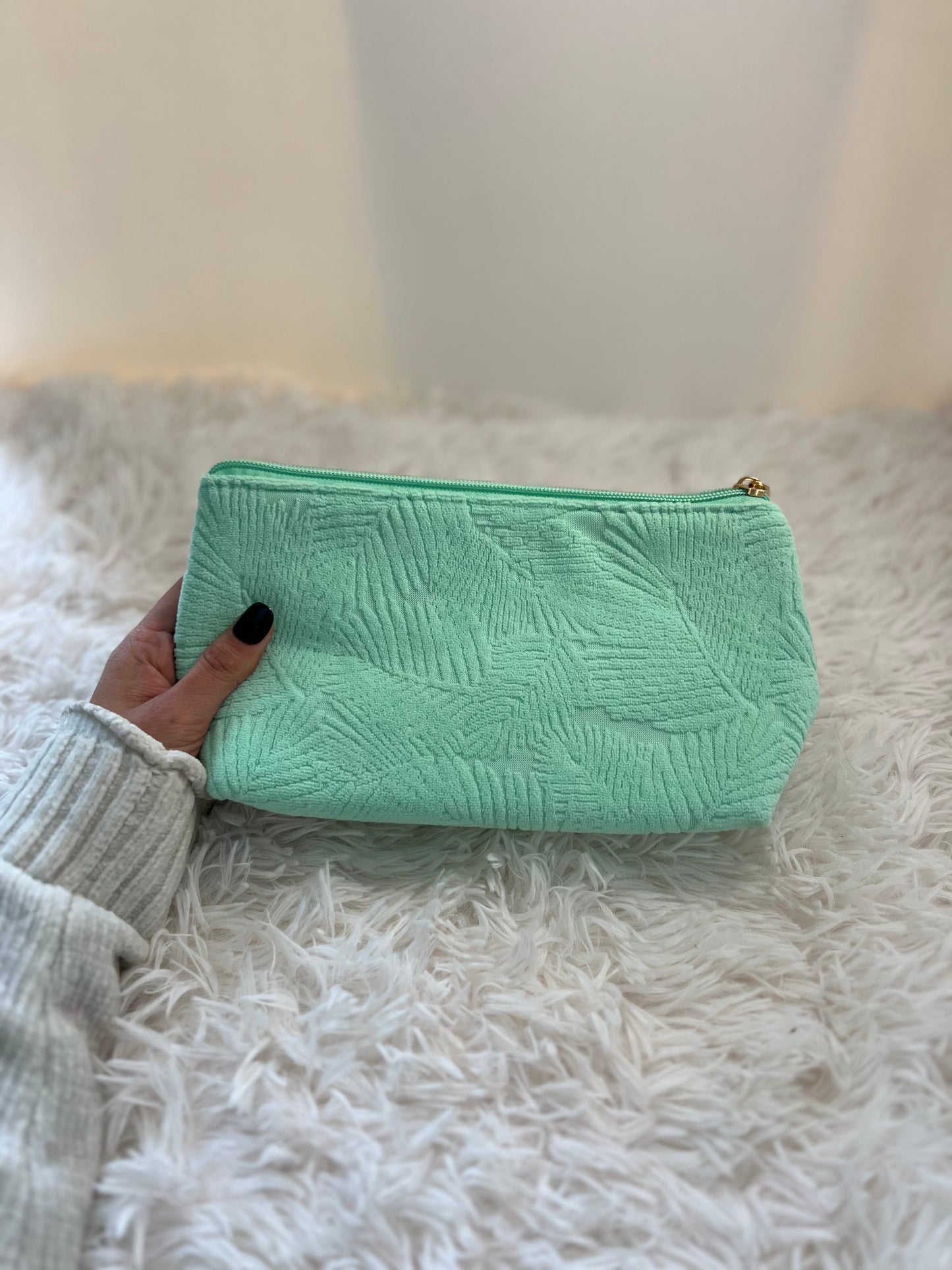 Plush Boho Makeup Bag – Soft Teal Green with Abstract Leaf Pattern