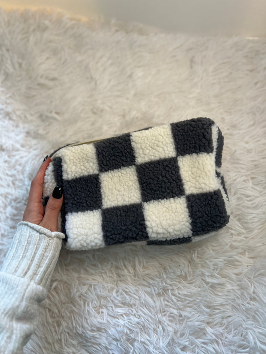 Large Black and White Plush Retro Makeup Bag – Checkered Cosmetic Organizer