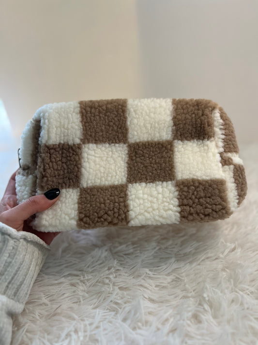 Large Brown Plush Retro Makeup Bag – Checkered Cosmetic Organizer