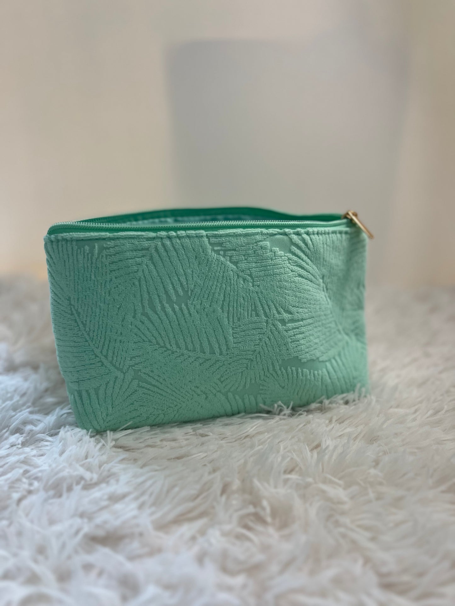 Plush Boho Makeup Bag – Soft Teal Green with Abstract Leaf Pattern