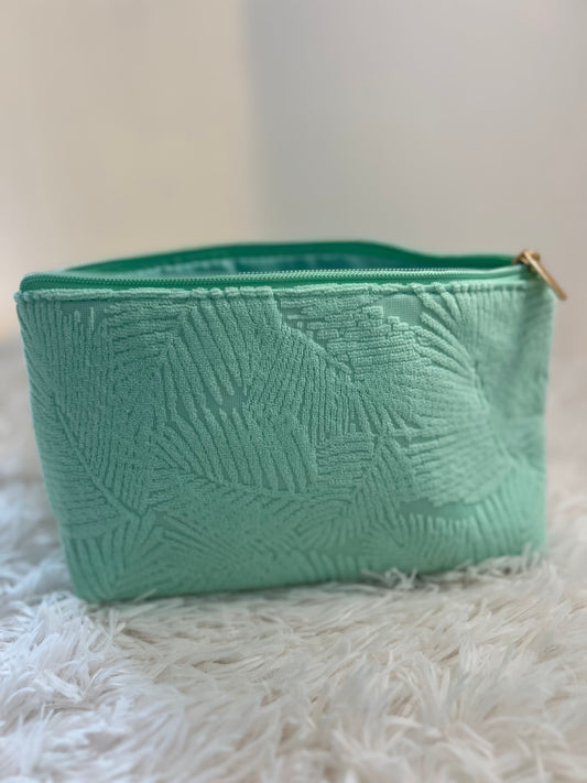 Plush Boho Makeup Bag – Soft Teal Green with Abstract Leaf Pattern